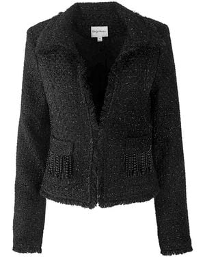 Solgo Atelier Tia Crop Shimmering Tweed Bouclé Jacket With Beaded Fringe Details - Black