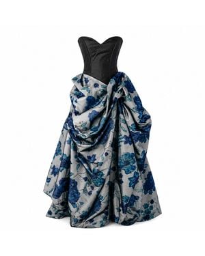 Miro Misljen Halter Corset Gown With Floral Bustle - Blue