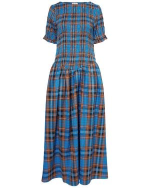 Amy Lynn Beatrix Pure Cotton Smocked Plaid Midi Dress - Blue