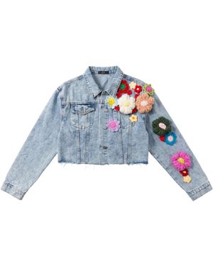 Cy Boutique Statement Denim Jacket With Hand-Crochet Floral Appliqué - Blue