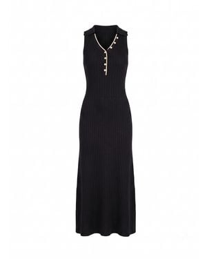 Tantra Spain Sl Long Sleeveless Pleated Knit Dress With Buttons, And Topstitching Detail - Black