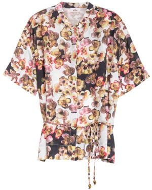 Niza Printed Straight Dress With V-Neck And Short Sleeves - Multicolour