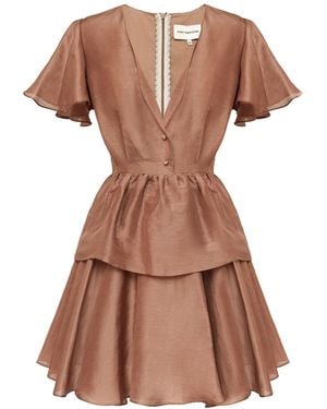 POST MERIDIEM Chocolate Mini Dress With Peplum & Ruffle Sleeves - Brown