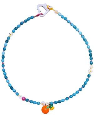 Desert Lobby Bodrum – Handmade Citrus Necklace With Apatite, Murano Glass Tangerine Fruit Charm & Floral Beads - Blue