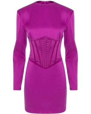 BLUZAT Fuchsia Satin Mini Dress With Integrated Corset - Purple