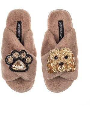 Laines London Classic Laines Slippers With Enki Doo The Cockapoo & Paw Brooches - Brown