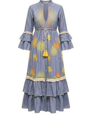 Tantra Spain Sl Denim Maxi Dress With Neon Embroidery, Sequins, Adjustable Waist Denim - Blue