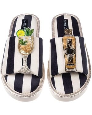Laines London Flatform Stripe Open Toe Slippers With Hugo Spritz Brooches - Black