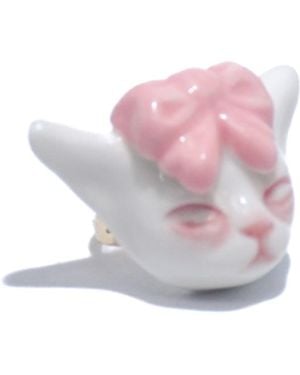 H2 Studio Angry Puss Porcelain Bow Tie Cat Plated Brass Ring - Pink