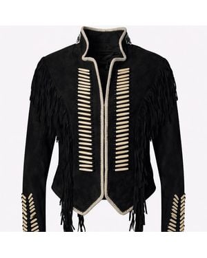 Zasta Studio Warrior Suede Leather Jacket With Beads & Fringes - Black