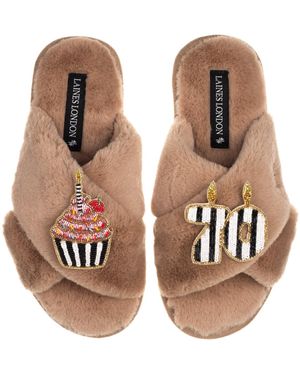 Laines London Classic Laines Slippers With Stripe 70Th Birthday & Cake Brooches - Brown