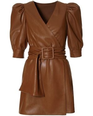 AGGI by HALEWSKI Andrea Aztec Mini Vegan Leather Dress With Puffed Sleeves - Brown
