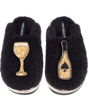 Laines London Teddy Closed Toe Slippers With Ace Of Champagne Brooches - Blue