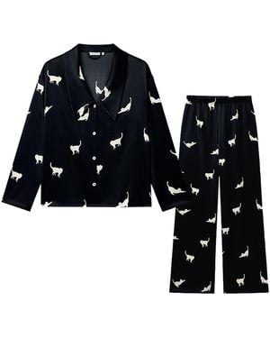 NOT JUST PAJAMA Cats Edition Silk Pyjamas Long Set - Blue