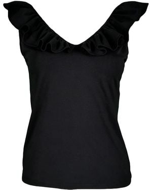 Lalipop Design Sleeveless Black Blouse With Ruffled V-neck