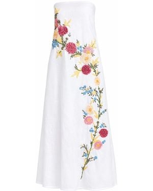 Mac Duggal Strapless Floral Embroidered Linen Gown - White