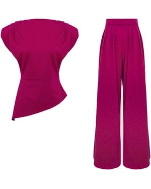 BLUZAT Rose Fuchsia Set With Structured Shoulder Top And Palazzo Pants - Purple