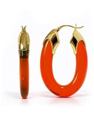 Gold & Honey Garnet Carved Oval Lucite Birthstone Hoop Earrings - Red