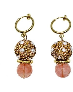 Farra Watermelon Quartz Stones With Rhinestones Bordered Pearls Clip On Earrings