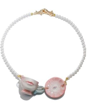 H2 Studio The Cup Theatre Mini Porcelain Cup & Plate Crystal Pearl Necklace - Metallic