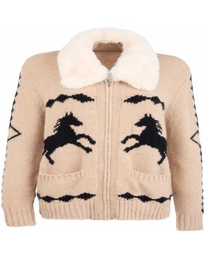 Saachi Fur Collar Horse Knit Jacket - Natural