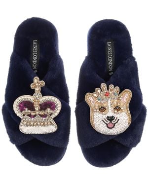 Laines London Classic Laines Slippers With Artisan Sandy The Corgi & Royal Crown Brooches - Blue
