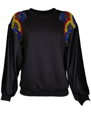 Lalipop Design Pleated Sleeve Sweatshirt With Embroidered Shoulders - Black