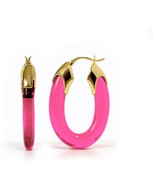 Gold & Honey Tourmaline Carved Oval Lucite Birthstone Hoop Earrings - Pink