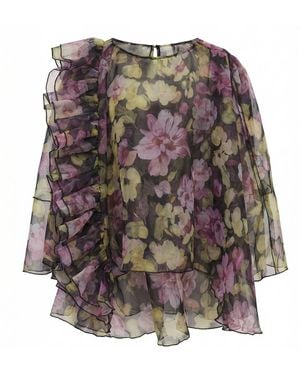 Cy Boutique Statement Ruffle Organza Garden Floral Blouse - Brown