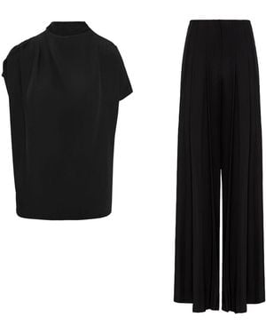 BLUZAT Draped Top And Pleated Pants Set - Black