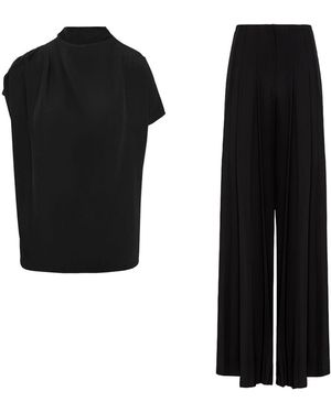 BLUZAT Draped Top And Pleated Pants Set - Black
