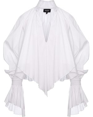 BLUZAT Oversized Shirt With High Collar And Balloon Sleeves - White