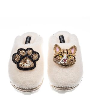 Laines London Teddy Closed Toe Slippers With Tabby Cat & Paw Brooches - Metallic
