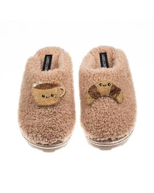 Laines London Neutrals Teddy Closed Toe Slippers With Laines Lovables Coffee & Croissant Brooches - Natural