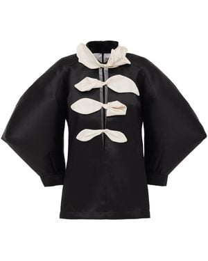 Julia Allert Taffeta Deep V-Neck Blouse With Satin Floral Detail – - Black