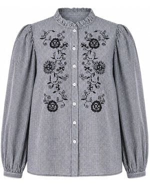 Yumi' Cotton Gingham Embroidered Shirt - Grey