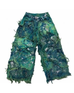 Zasta Studio Wearable Ruins Shredded Wide Leg Coloured Denim Trousers C - Green