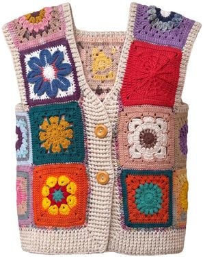 Ana Chic Patchwork Flower Handmade Crochet Waistcoat - Pink