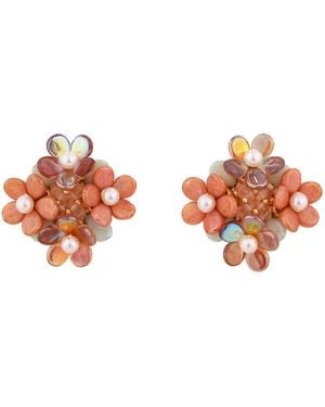 Oana Savu Statement Beaded Flower Earrings Sterling Studs - Pink