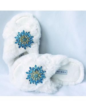 Yomisma Eco Faux Fur Slippers – Recycled Faux Fur + Removable Brooches - Blue
