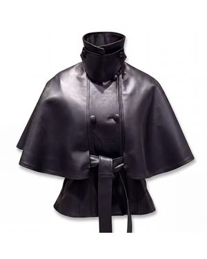 Irmak Su Guclu Arno Cape-Structured Leather Jacket With High Collar - Blue