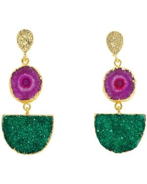YAA YAA LONDON Purple Green Gemstone Gold Statement Earrings - Multicolour