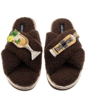 Laines London Neutrals Laines Neutral Boucle Slippers With Hugo Spritz Brooches - Brown