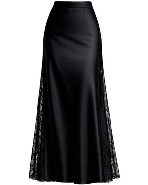 Tantra Spain Sl A-Line Satin Midi Skirt With Side Slits And Lace, Elastic Waistband - Black