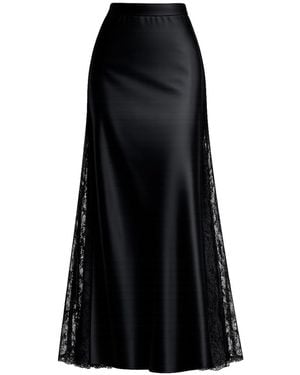 Tantra Spain Sl A-Line Satin Midi Skirt With Side Slits And Lace, Elastic Waistband - Black