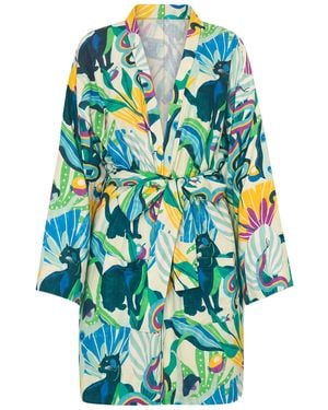 Tiger and the Monkey The Jade Lightweight Cotton Gauze Printed Robe - Blue