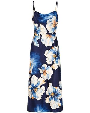 Yumi' Cowl Neck Satin Floral Dress - Blue