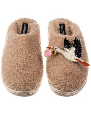 Laines London Neutrals Toffee Teddy Closed Toe Slippers With Baby Girl Stork Brooches - Natural