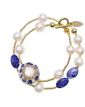 Farra Double Layers Pearls And Lapis Rhinestone Bracelet - Blue