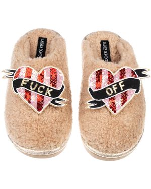 Laines London Neutrals Teddy Closed Toe Slippers With & Stripe Fuck Off Brooches - Pink
